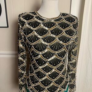 Laurence Kazar Cream Tan Sequin Long Sleeve Cocktail Dress